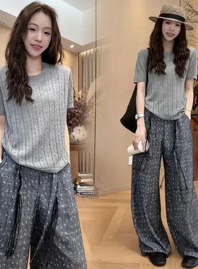 026 新款灰调小碎花裤女送编织腰带高腰显瘦显高垂感阔腿裤
