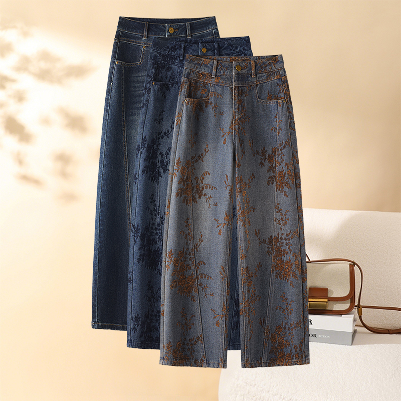 高腰复古刺绣提花牛仔裤女2025秋冬季宽松直筒百搭显瘦宽松休闲裤