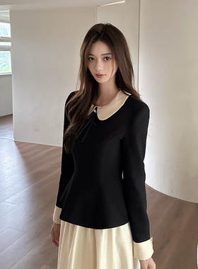 木子李的李2025早秋法式小香风套装长袖撞色上衣高腰半身裙两件套