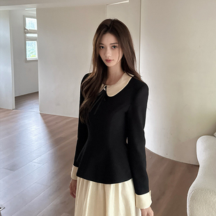 木子李的李2025早秋法式小香风套装长袖撞色上衣高腰半身裙两件套