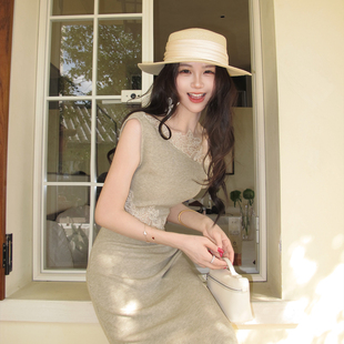 木子李的李设计感斜肩蕾丝拼接针织连衣裙修身包臀性感鱼尾长裙夏