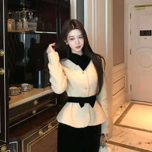 木子李 李高级感小香风毛呢外套撞色收腰羊毛上衣女丝绒半身裙冬