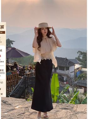 木子李的李高级气质感黑色百搭半身裙高腰包臀垂感鱼尾裙新款长裙