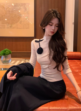 木子李的李2025秋冬长袖半高领针织衫上衣西装风衣外套半身裙套装