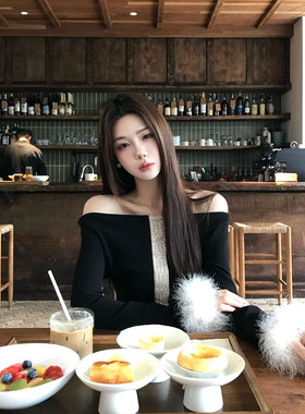 木子李的李设计感珠管织带一字领撞色针织衫上衣加绒微喇长裤女冬