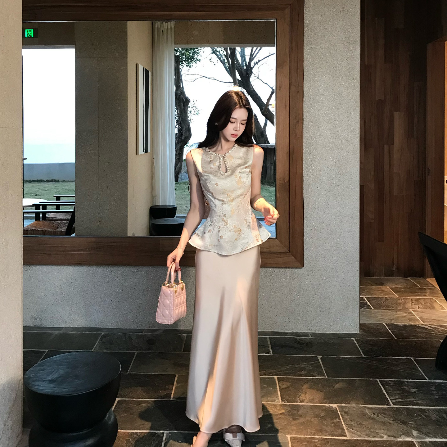 木子李的李新中式高级缎面提花无袖收腰马甲上衣垂感半身裙套装夏