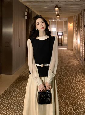 木子李的李2025假两件拼接长袖上衣撞色雪纺衫垂感半身裙套装早秋