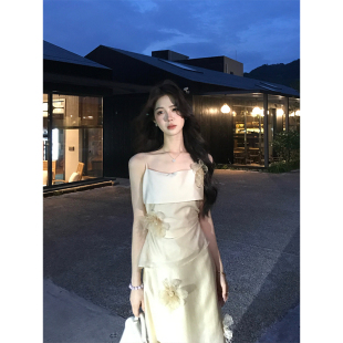拼接吊带上衣立体花朵半身裙夏 外穿短款 木子李 李2025巨好看套装