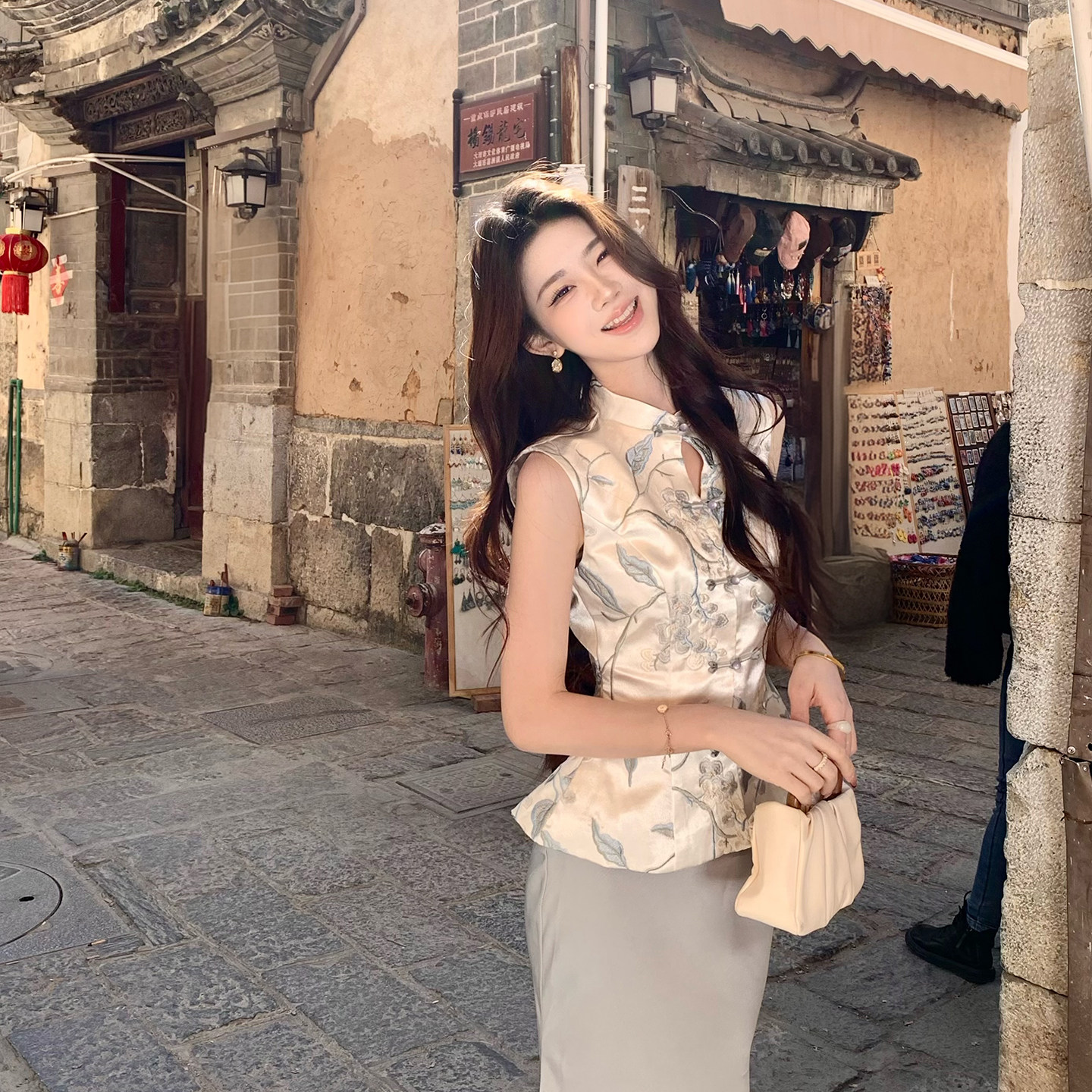 木子李的李新中式水墨国风无袖缎面提花上衣垂感鱼尾半身裙套装夏