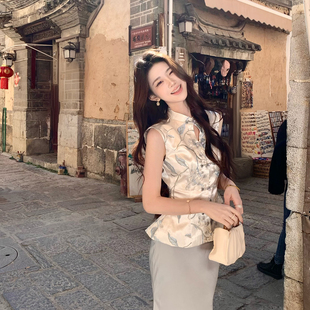 缎面提花上衣垂感鱼尾半身裙套装 水墨国风无袖 夏 李新中式 木子李