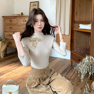 木子李的李秋冬季新中式半高领针织衫亲肤刺绣上衣高腰垂感阔腿裤