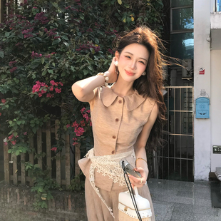 收腰上衣小个子高腰阔腿裤 无袖 女夏 李慵懒风亚麻休闲套装 木子李
