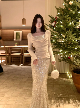 木子李的李高级设计感珠片拼接抽褶针织上衣包臀鱼尾半身裙套装冬