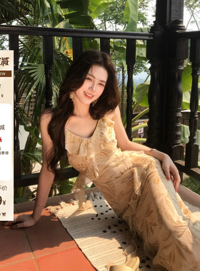 木子李的李 法式碎花荷叶边V领吊带雪纺连衣裙收腰包臀鱼尾长裙夏