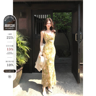 木子李的李新中式雪纺印花连衣裙垂感吊带荡领收腰包臀鱼尾长裙夏