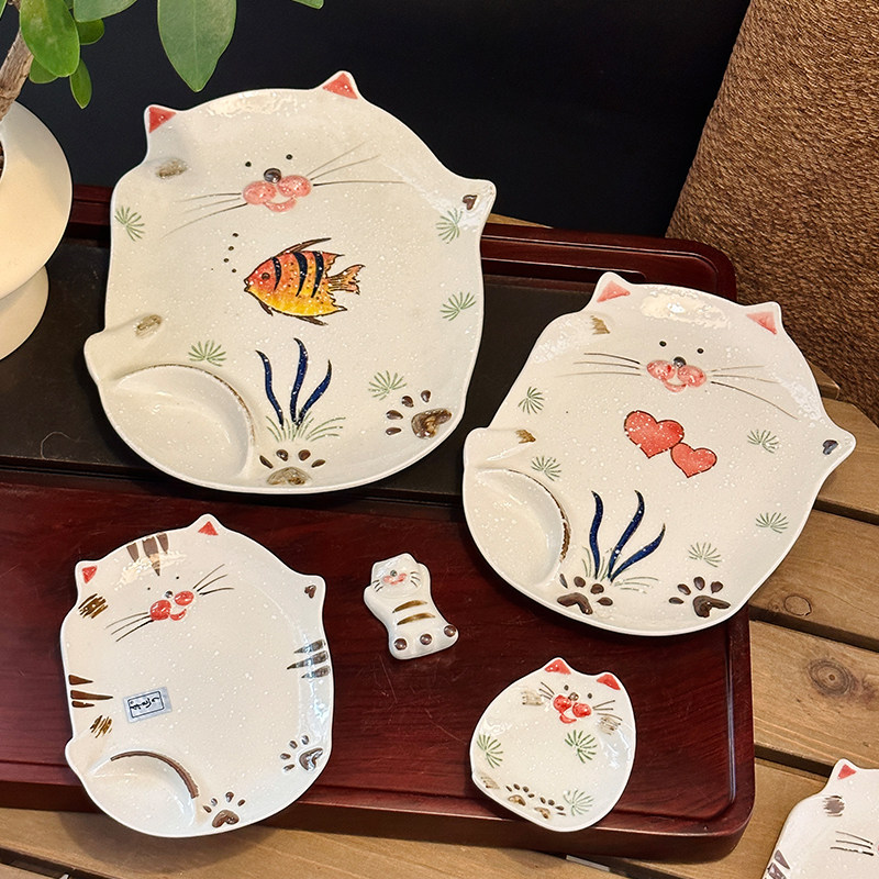 田园猫盘陶瓷盘子釉下彩手绘菜盘汤盘饭盘日式和风卡通橘猫三花猫