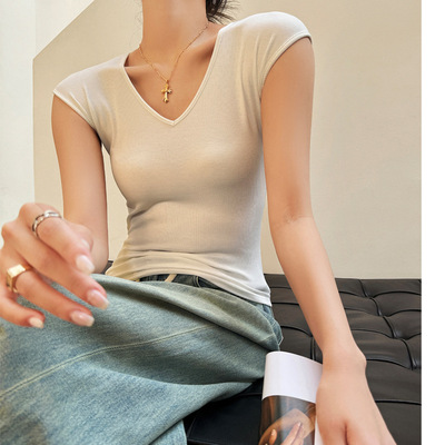 韩系V领短袖修身打底T恤女夏