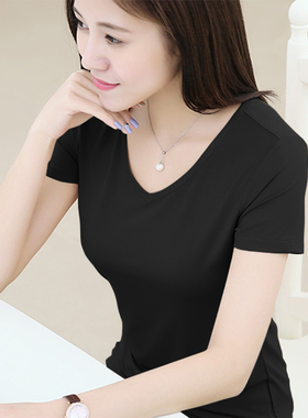 纯色v领莫代尔短袖t恤女修身黑色显瘦打底衫紧身薄款夏白色木代尔
