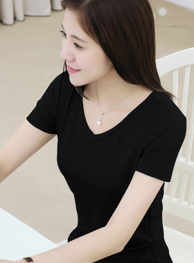 夏季黑色v领莫代尔t恤短袖女士鸡心领短款半袖修身打底衫面膜体恤