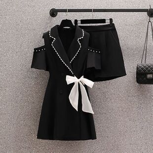 大码女装连衣裙短裤套装2026夏季新款微胖妹妹显瘦西装裙两件套女