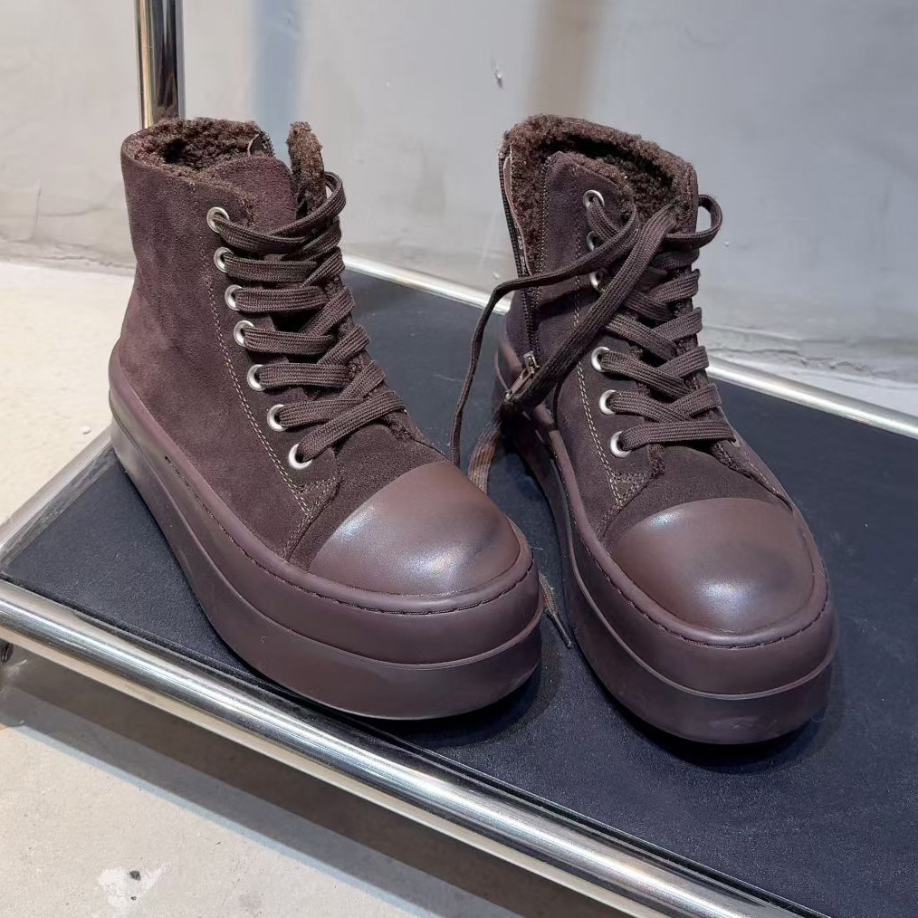 【鹿可可】做旧复古磨砂牛皮高帮鞋女冬加绒保暖厚底松糕休闲棉鞋