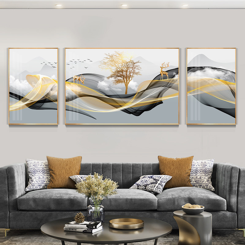 现代轻奢客厅装饰画北欧风格三联壁画沙发背景墙黑白线条麋鹿挂画