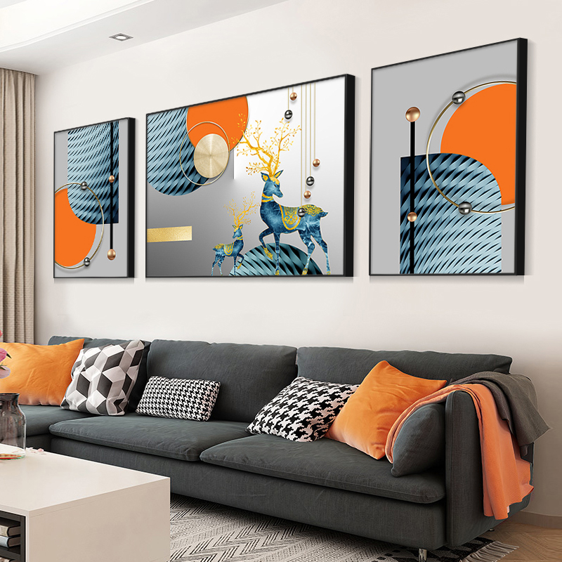 现代简约轻奢客厅装饰画沙发背景墙壁画几何抽象三联画发财鹿挂画图片