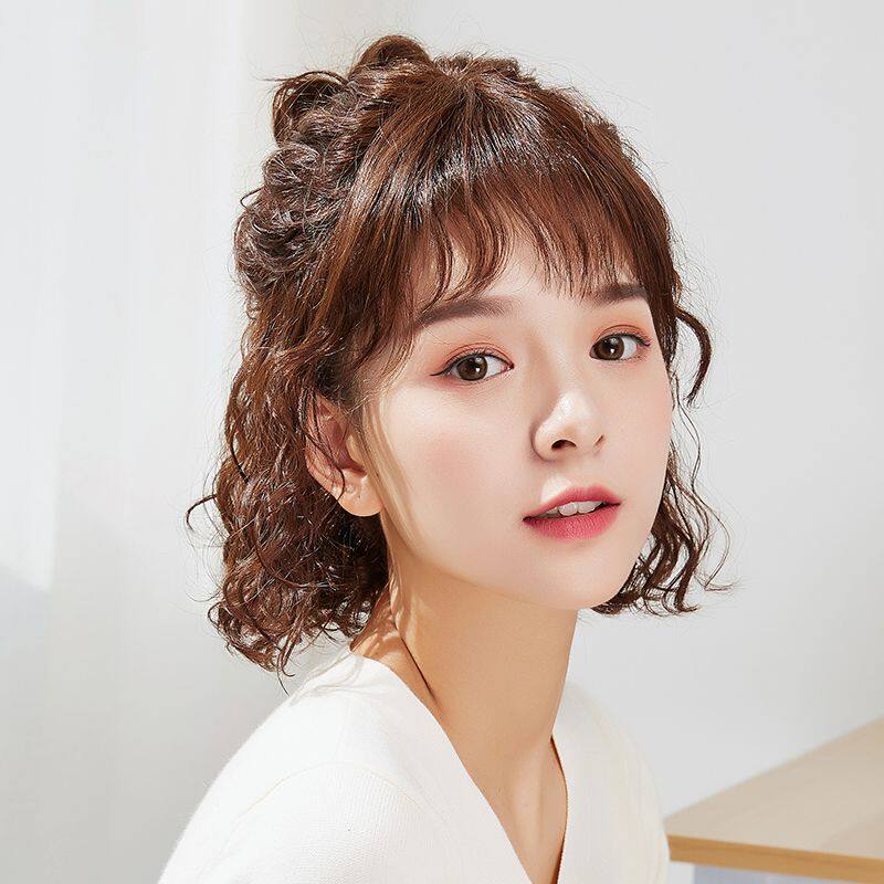 假发女短发短卷发逼真修脸真发全头套丸子头中长波浪卷发网红可爱