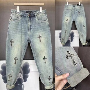 美式高街复古十字架泼墨牛仔裤男款潮牌宽松小脚秋冬休闲长裤子男