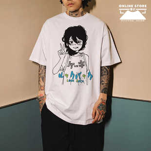 蓦然回首京本短袖藤本树痞帅印花t恤男高街oversize圆领纯棉上衣