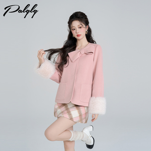 富家千金风粉色短款毛呢外套女爆冬装气质小香风韩系加厚呢子大衣