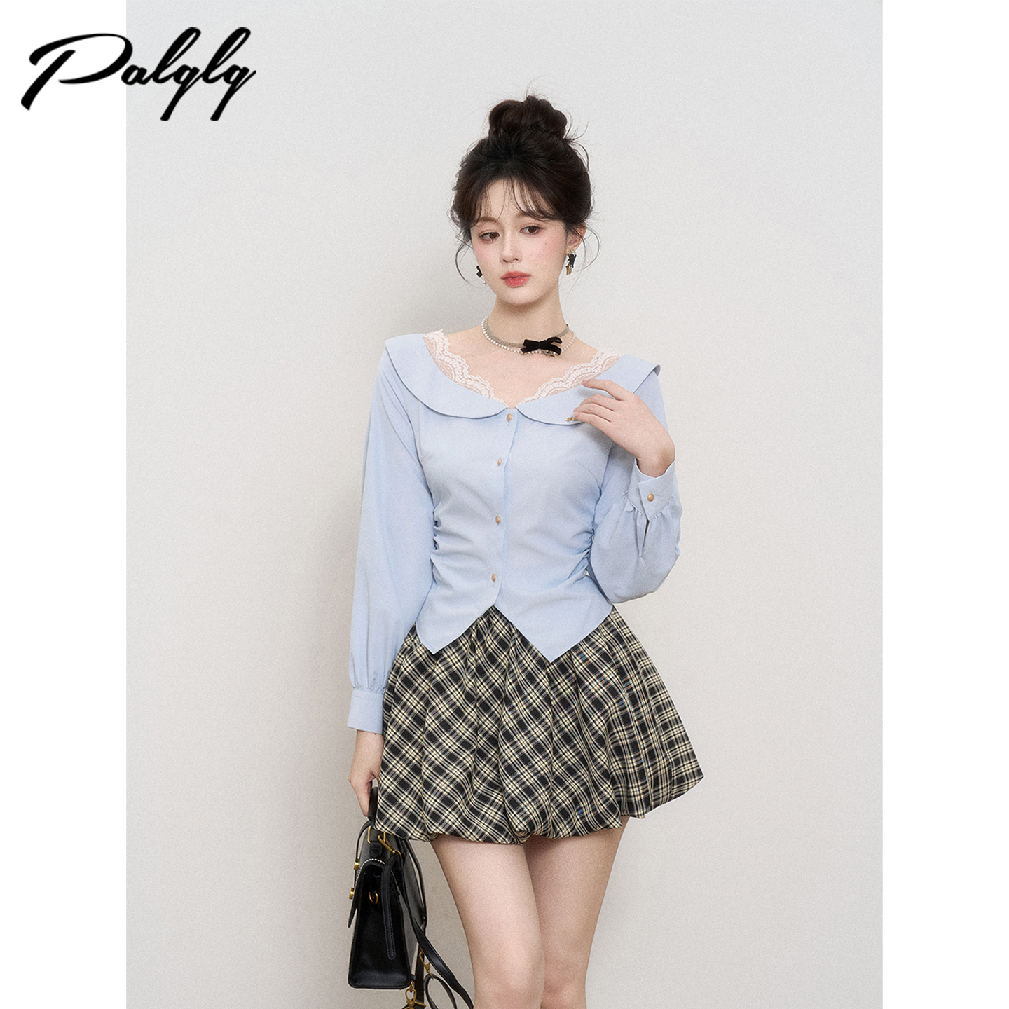 法式蕾丝圆领蓝色衬衫