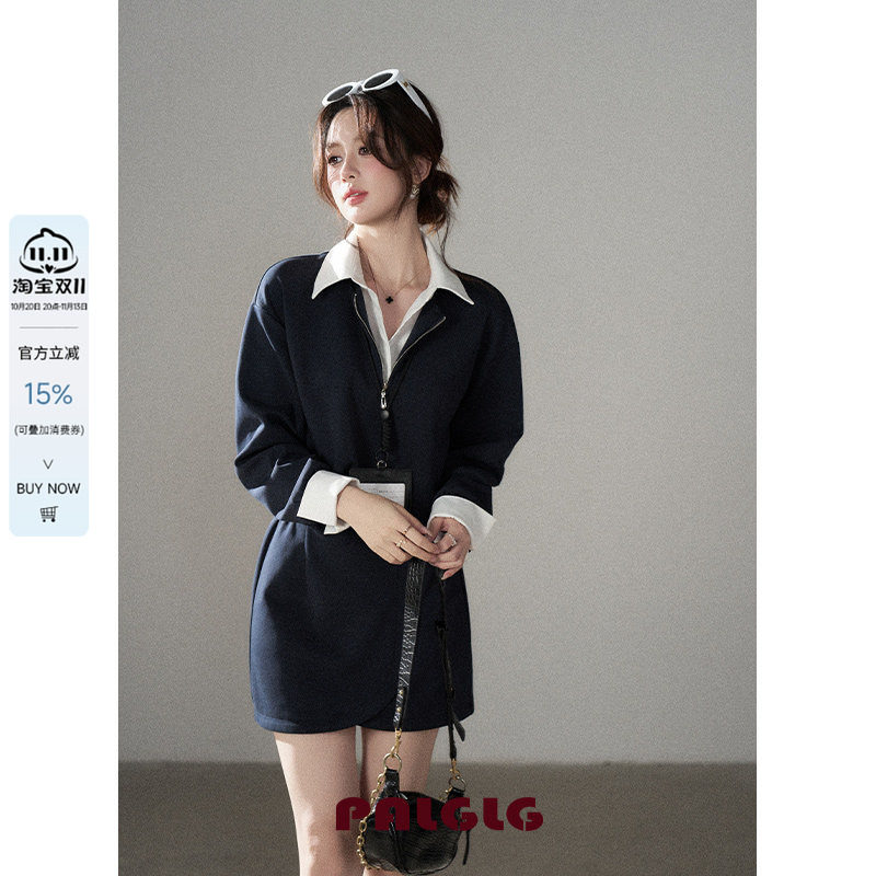 休闲POLO领连衣裙女通勤风藏蓝色卫衣假两件设计感气质长袖裙子