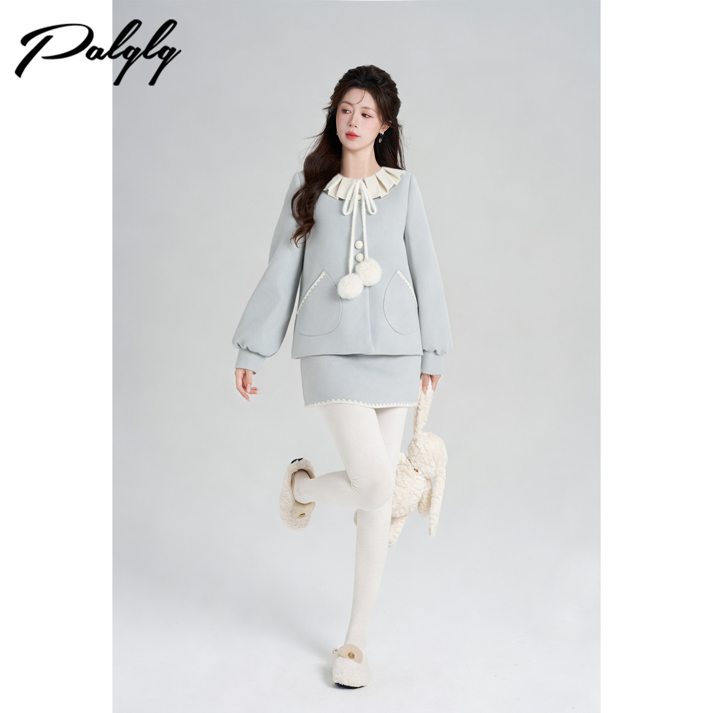 Palglg甜美风蓝色小香风毛呢外套女套装冬富家千金风半身裙两件套,女装/女士精品,时尚套装,淘宝优惠券,粉丝福利购,淘宝优惠卷