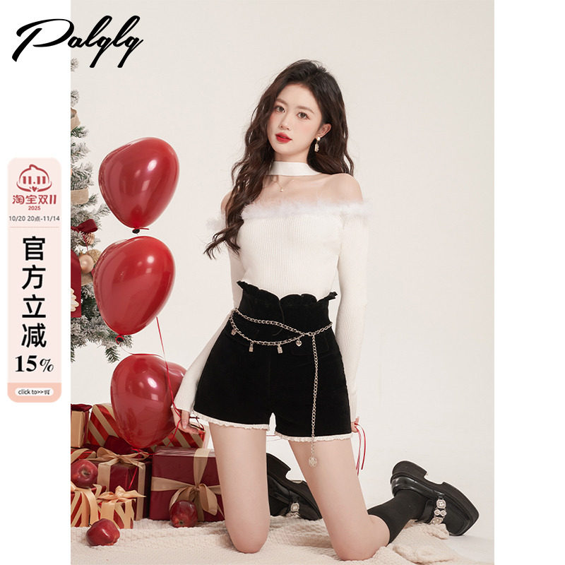 Palglg一字肩红色毛边毛衣女2025早秋新款高级感纯欲露肩针织上衣