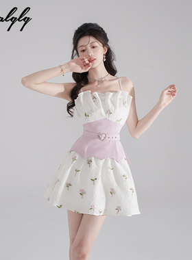 设计感小众甜美吊带连衣裙女夏季腰封法式提花初恋裙小香风短裙子