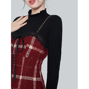 红色小香风高级感气质御姐短裙圣诞A字裙子新年吊带连衣裙秋冬女