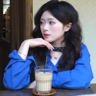 2025新款衬衫巨显白高级感克莱因蓝色衬衣外套夏外套慵懒长袖上衣