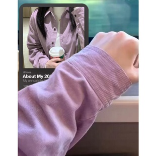 韩版高级感浅紫色长袖衬衫女内搭打底2025秋冬灯芯绒叠穿上衣外套