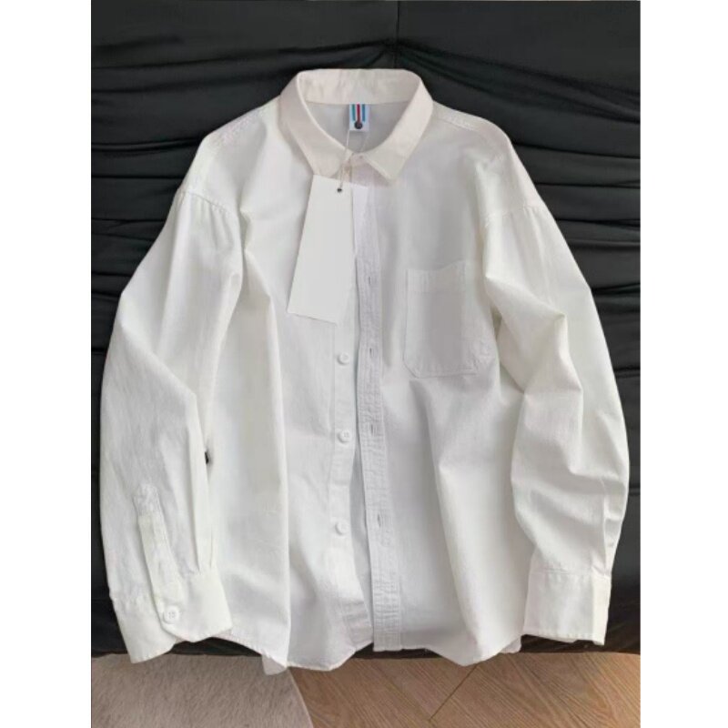 100%纯棉白色衬衫春秋内搭叠穿长袖上衣休闲男女衬衣情侣装外套