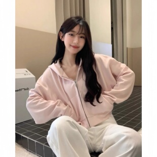 纯棉正肩文艺甜妹粉色短款拉链连帽卫衣ins显瘦拉链外套加绒秋冬