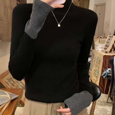 气质天鹅颈撞色半高领针织毛衣女春季秋冬修身内搭上衣黑色打底衫