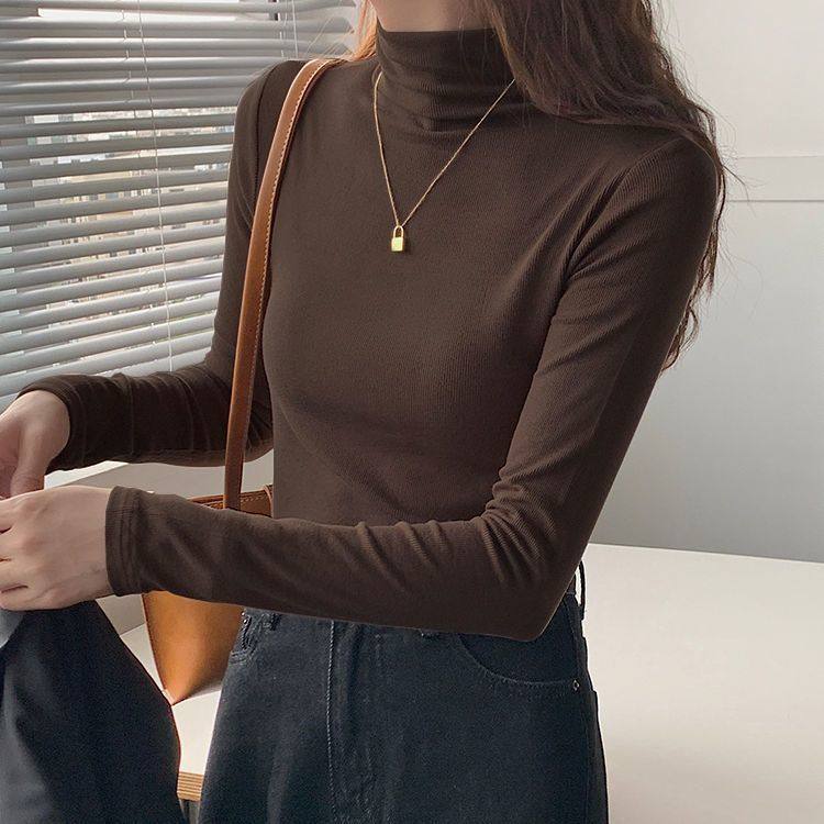 半高领长袖t恤女修身加绒加厚秋冬季保暖打底衫上衣内搭洋气百搭