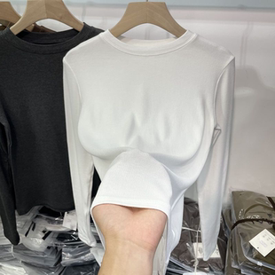 内搭加绒保暖上衣女装 修身 t恤女百搭纯色长袖 螺纹德绒圆领打底衫