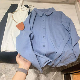 韩系蓝色纯棉长袖衬衫女秋冬宽松休闲慵懒风内搭衬衣叠穿上衣外套