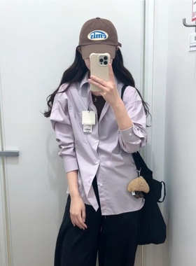 浅紫色休闲长袖衬衫女2026早春秋冬宽松慵懒风高级感叠穿气质上衣