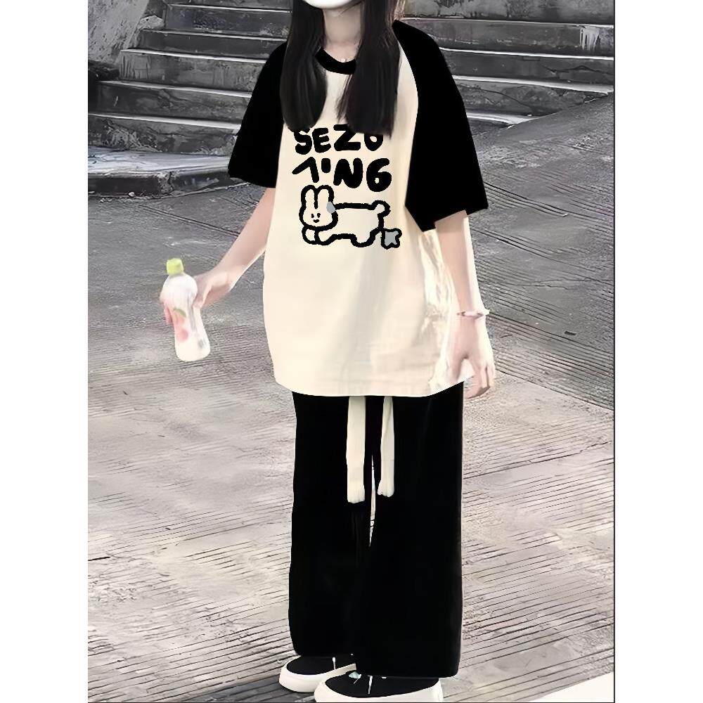 美式插肩短袖T恤女大童夏季2026新爆款初中高中学生宽松半袖上衣