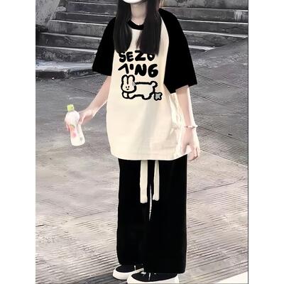美式插肩短袖T恤女大童夏季2026新爆款初中高中学生宽松半袖上衣