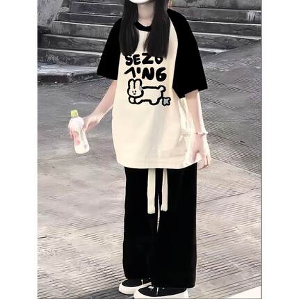 美式插肩短袖T恤女大童夏季2026新爆款初中高中学生宽松半袖上衣