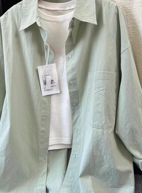 韩系chic别致豆绿色纯棉衬衫翻领叠穿宽松遮肉显瘦长袖衬衣薄外穿